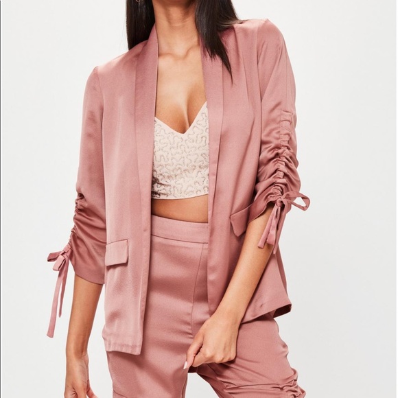 Missguided Jackets & Blazers - Rose gold ruched sleeve satin blazer, pink